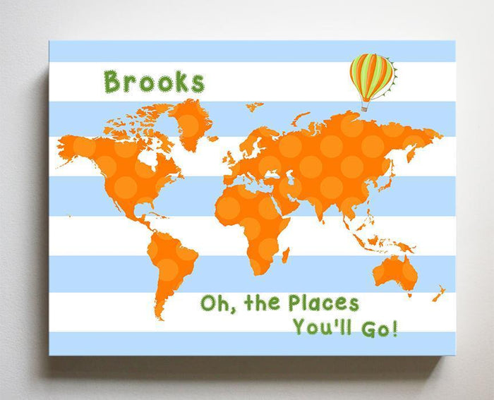 Personalized Toddler Room Decor - Dr Seuss Nursery Decor - Striped Canvas World Map Collection - Oh The Places You'll Go-B018ISOFJW