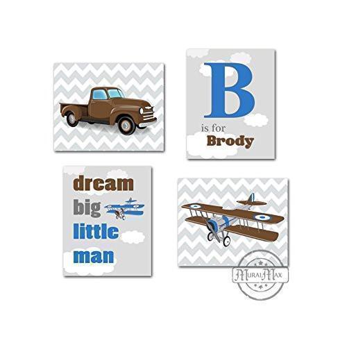 Personalized Trasportation Dream Big Nursery Art - Airplane & Truck Theme - Set of 4 - Unframed Prints-B01CRMHXJO