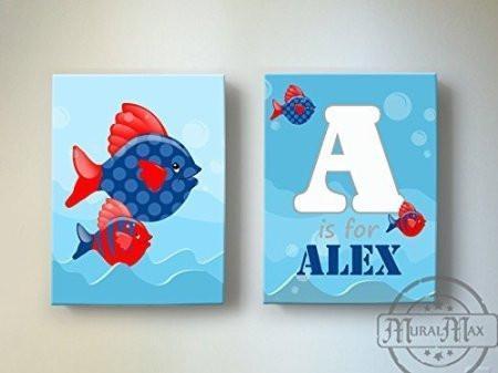 Personalized Whimsical Fish Theme - Canvas Nursery Decor - Set of 2-B018ISHKTY