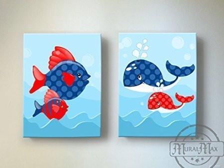 Personalized Whimsical Fish Theme - Canvas Nursery Decor - Set of 2-B018ISI4HQ