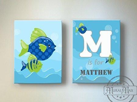 Personalized Whimsical Fish Theme - Canvas Nursery Decor - Set of 2-B018ISKQ22