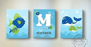 Personalized Whimsical Fish Theme - Canvas Nursery Decor - Set of 3-B018ISJRHW-MuralMax Interiors