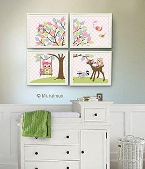 Personalized Whimsical Woodland Animals & Tree Girl Room Art - Set of 4 Unframed Prints-B018KOHMNU-MuralMax Interiors