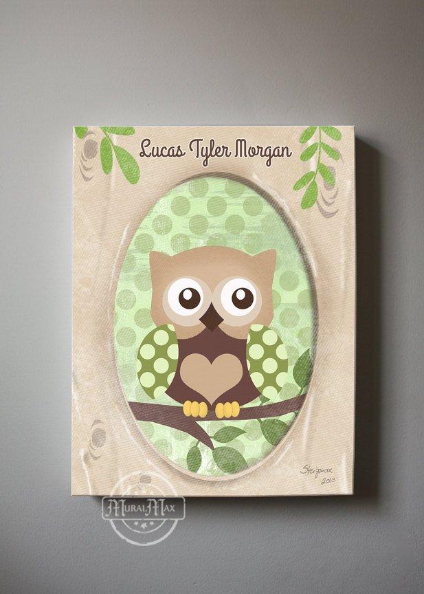 Personalized Woodland Owl Nursery Art - Polka Dots Canvas Art Decor