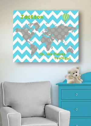 Personalized World Map Boy Room Decor - Oh The Places You'll Go - Dr Seuss Nursery Wall Art - Chevron Canvas Wall Art -B071W2RK6Y-MuralMax Interiors