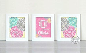 Pink and Aqua Nursery - Personalized Floral Mums Collection - Set of 3 - Unframed Prints-B01CRT96KG-MuralMax Interiors