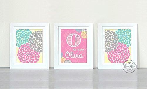 Pink and Aqua Nursery - Personalized Floral Mums Collection - Set of 3 - Unframed Prints-B01CRT96KG