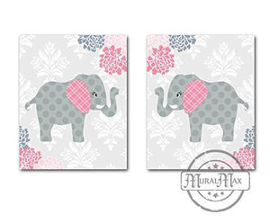 Pink and Gray Elephant Nursery Art - Floral Mums & Polka Dot Girl Room Art - Set of 2 - Unframed Prints-MuralMax Interiors
