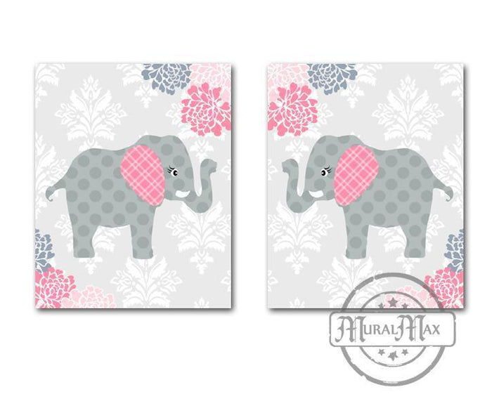 Pink and Gray Elephant Nursery Art - Floral Mums & Polka Dot Girl Room Art - Set of 2 - Unframed Prints