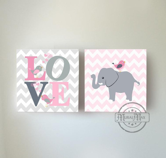Pink And Gray Elephant Owl Decoration Girl Canvas Wall Art - Set of 2