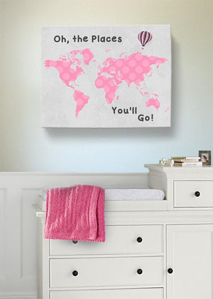 Pink and Gray Map - Baby Girl Nursery Decor Dr Seuss Canvas World Map - Oh The Places You'll Go-B0716K9YV6-MuralMax Interiors