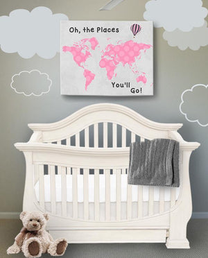 Pink and Gray Map - Baby Girl Nursery Decor Dr Seuss Canvas World Map - Oh The Places You'll Go-B0716K9YV6-MuralMax Interiors