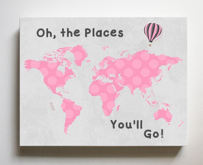 Pink and Gray Map - Baby Girl Nursery Decor Dr Seuss Canvas World Map - Oh The Places You'll Go