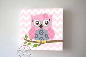 Pink and Gray Owl Baby Girl Nursery Art - Floral Owl Canvas Wall Art-MuralMax Interiors