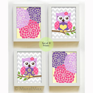Pink and Purple Floral Mums & Chevron Owls Nursery Art - Set of 4 - Unframed Prints-MuralMax Interiors