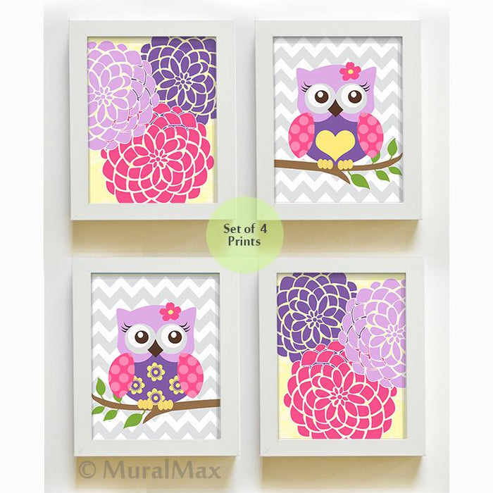 Pink and Purple Floral Mums & Chevron Owls Nursery Art - Set of 4 - Unframed Prints