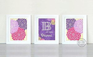 Pink and Purple Nursert Decor Personalized Floral Mums Collection - Set of 3 - Unframed Prints-B01CRT9K5C-MuralMax Interiors