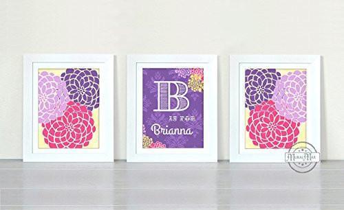 Pink and Purple Nursert Decor Personalized Floral Mums Collection - Set of 3 - Unframed Prints-B01CRT9K5C