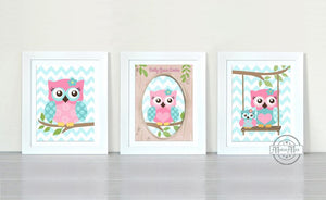 Pink Aqua Baby Nursery - Owl Personalized Wall Art - Unframed Prints - Set of 3-MuralMax Interiors