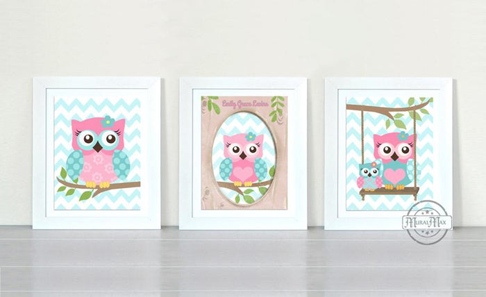 Pink Aqua Baby Nursery - Owl Personalized Wall Art - Unframed Prints - Set of 3