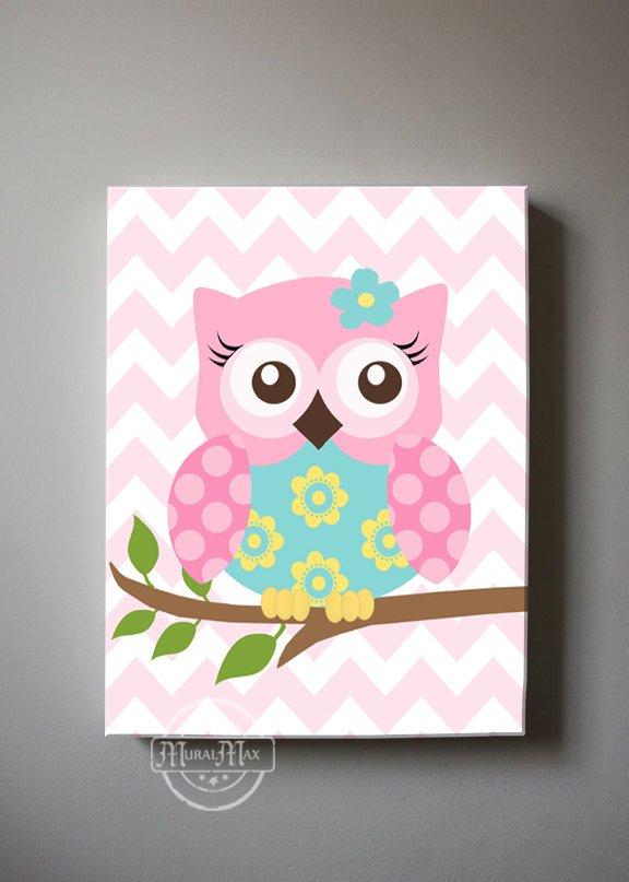 Pink Aqua Girl Room Decor - Floral Owl Wall Art - Canvas Art