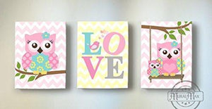 Pink & Aqua Nursery Art - Love & Owls Canvas Nursery Decor -The Love Collection - Set of 3-MuralMax Interiors