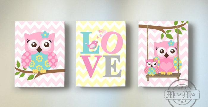 Pink & Aqua Nursery Art - Love & Owls Canvas Nursery Decor -The Love Collection - Set of 3