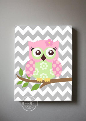 Pink Green Baby Nursery Art - Owl Family Mom Dad Baby Owl Canvas Wall Decor-MuralMax Interiors
