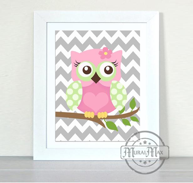 Pink & Green Baby Owl Art - Modern Chevron Nursery Decor - Unframed Print