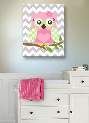 Pink Green Owl Art - Baby Girl Nursery Canvas Decor -The Owl CollectionBaby ProductMuralMax Interiors