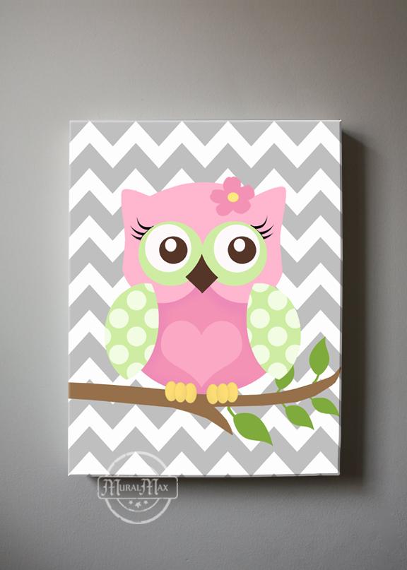 Pink Green Owl Art - Baby Girl Nursery Canvas Decor -The Owl Collection