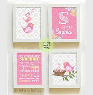 Pink Personalized Birdies Nursery Wall Art - You are My Sunshine - Unframed Prints - Set of 4-B018KOD8FG-MuralMax Interiors