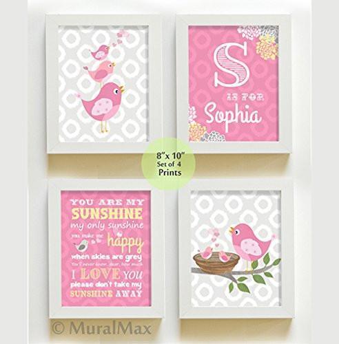 Pink Personalized Birdies Nursery Wall Art - You are My Sunshine - Unframed Prints - Set of 4-B018KOD8FG