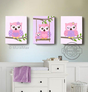 Pink & Purple Baby Nursery Decor - Owl Family Canvas Wall Art - Set of 3-MuralMax Interiors