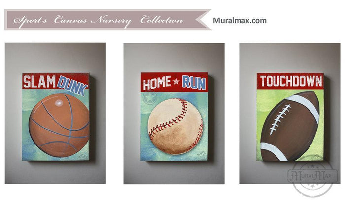 Play Ball Boy Nursery Playroom Wall Art - Football - Baseball - Basketball Canvas Art Set of 3