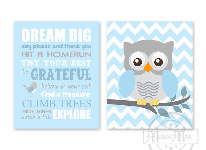 Playroom Rules Dream Big Owl Boy Room Decor - Set of 2 - Unframed Prints-Inspiration Quote