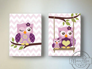 Plum Owl Baby Girl Nursery Art - Canvas Girl Room Decor -Plum Meadow - Set of 2-MuralMax Interiors