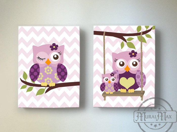 Plum Owl Baby Girl Nursery Art - Canvas Girl Room Decor -Plum Meadow - Set of 2