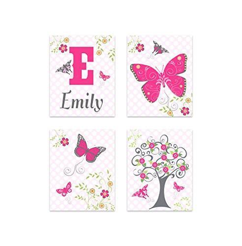 Polka Dots & Whimsical Butterfly Tree Girl Room Decor - Set of 4 - Unframed Prints-B01CRT8H2O
