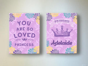 Princess Canvas Art Personalized Princess Crown & You Are So Loved Girl Nursery Art - Set of 2 - Choose From Designer Colors-MuralMax Interiors