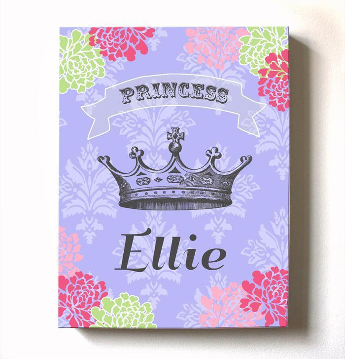 Princess Crown Wall Art Girls Room Decor - Personalized Floral Princess Crown Nursery Art