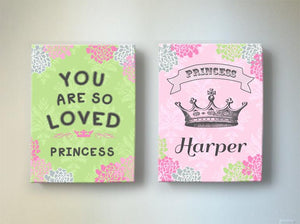 Princess Girl Nursery Decor Personalized Canvas Wall Art - Love and Princess Crown - Set of 2 - Choose From Designer Colors-MuralMax Interiors