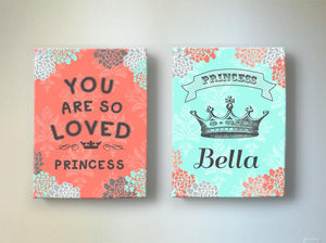 Princess Girl Nursery Decor Personalized Canvas Wall Art - Love and Princess Crown - Set of 2 - Choose From Designer Colors-MuralMax Interiors