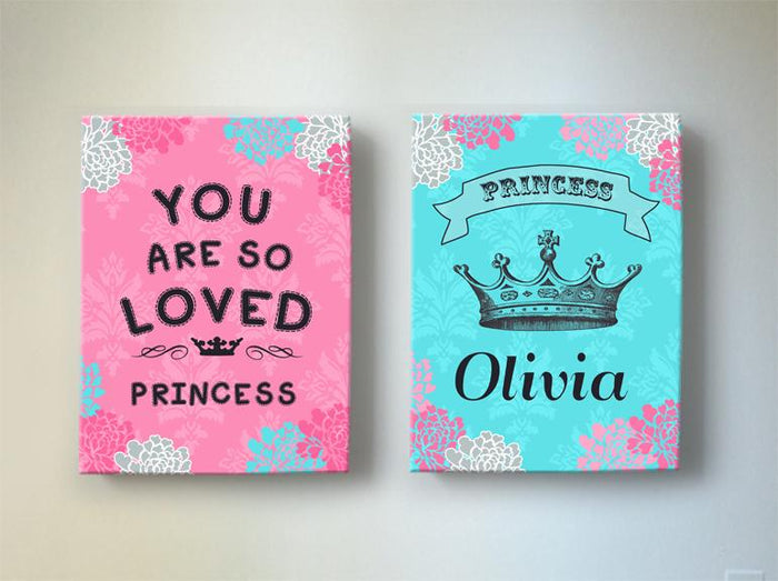 Princess Girl Nursery Decor Personalized Canvas Wall Art - Love and Princess Crown - Set of 2 - Choose From Designer Colors