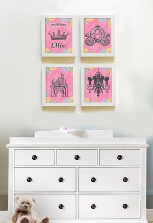 Princess Girl Room Decor - Personalized Princess Crown Castle Nursery Art - Set of 4 - Unframed Prints-MuralMax Interiors