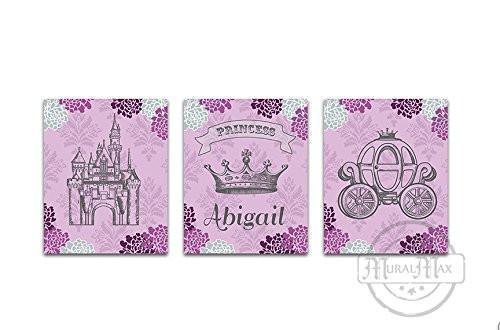 Princess Nursery Art - Personalized Princess Castle Girl Room Decor - Set of 3 - Unframed Prints