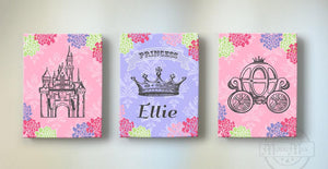 Princess Nursery Decor - Personalized Princess Crown Castle Pumpkin Carriage Canvas Art- Set of 3-MuralMax Interiors