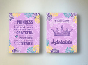 Princess Playroom Rules Personalized Princess Crown Playroom or Nursery Art - Set of 2 Canvas Art- Choose From Designer Colors-MuralMax Interiors