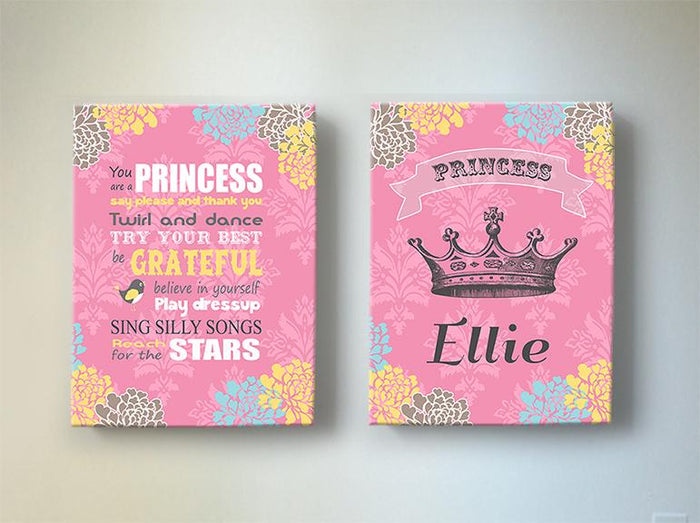 Princess Playroom Rules Personalized Princess Crown Playroom or Nursery Art - Set of 2 Canvas Art- Choose From Designer Colors