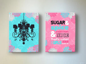 Princess Room Decor - Sugar & Spice & Chandelier Art - Princess Nursery Art Canvas Decor - Set of 2 - Choose From Designer Colors-MuralMax Interiors